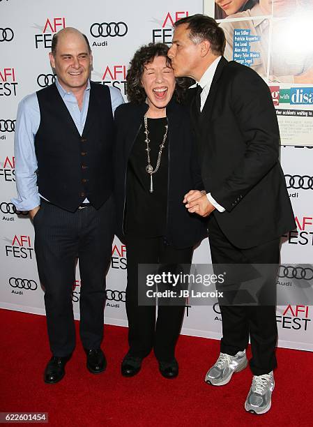 Matthew Weiner,Lily Tomlin and David O. Russell attend the premiere of Cinema's Legacy Conversation for 'Flirting With Disaster' at AFI Fest 2016,...