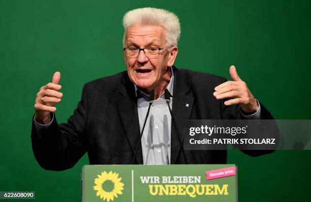 Winfried Kretschmann, State Premier of the southern federal state of Baden-Wuerttemberg, gives a speech during his party's congress in Muenster,...