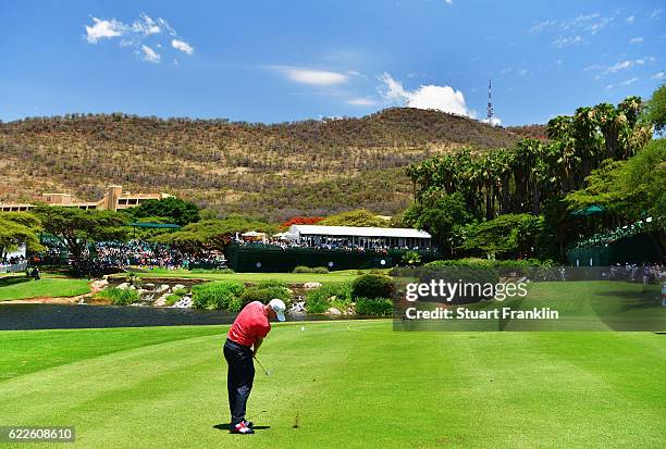 Alex Noren of Sweden plays a shot on the ninth hole during the third round of The Nedbank Golf Challenge at Gary Player CC on November 12, 2016 in...