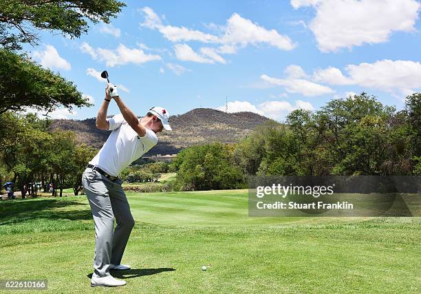 Chris Wood of England plays a shot during the third round of The Nedbank Golf Challenge at Gary Player CC on November 12, 2016 in Sun City, South...