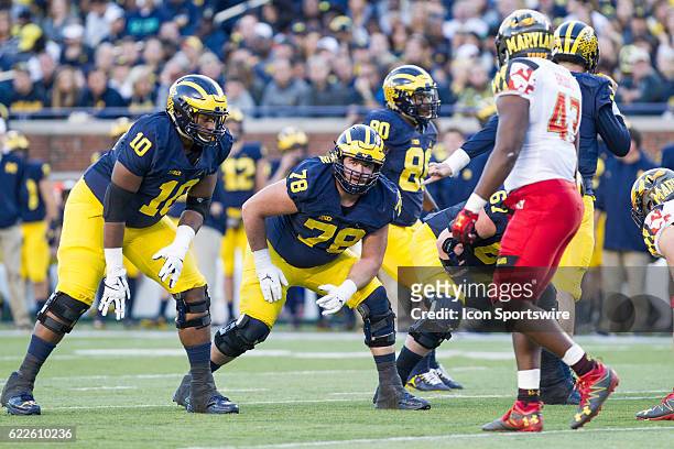Michigan Wolverines offensive lineman Erik Magnuson waits for the ball to be snapped during game action between the Maryland Terrapins and the...