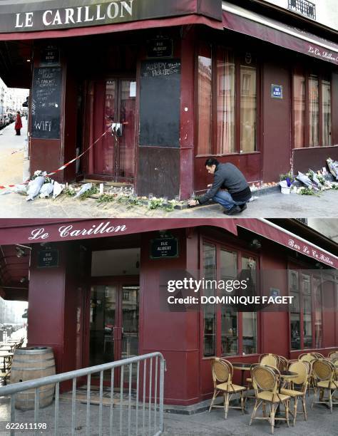 This combination of pictures created on November 12, 2016 shows a file picture of a man laying candles in tribute to victims of the attacks at Le...