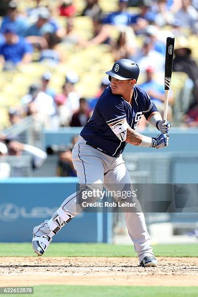 Oswaldo Arcia of the San Diego Padres bats during the game against the Los Angeles Dodgers at Dodger Stadium on September 4, 2016 in Los Angeles,...
