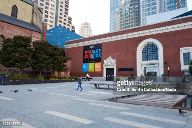 Banners advertising a Stanley Kubrick exhibition hang on the exterior of the Contemporary Jewish Museum, San Francisco, California, September 4,...