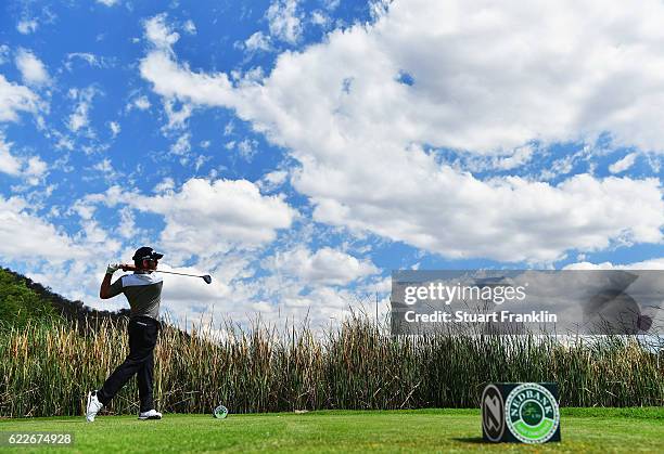 Louis Oosthuizen of South Africa plays a shot during the third round of The Nedbank Golf Challenge at Gary Player CC on November 12, 2016 in Sun...