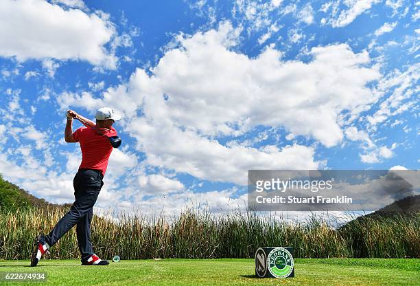 Alex Noren of Sweden plays a shot during the third round of The Nedbank Golf Challenge at Gary Player CC on November 12, 2016 in Sun City, South...