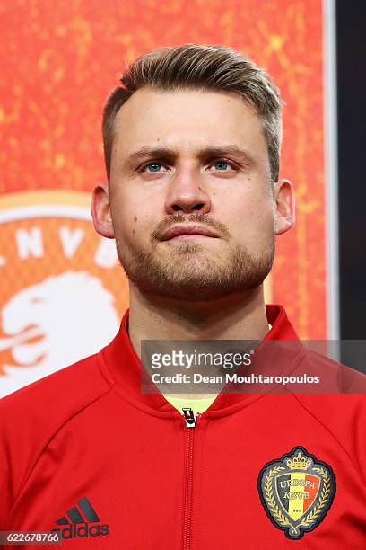 Goalkeeper, Simon Mignolet of Belgium stands for the national anthem prior to the international friendly match between Netherlands and Belgium at...