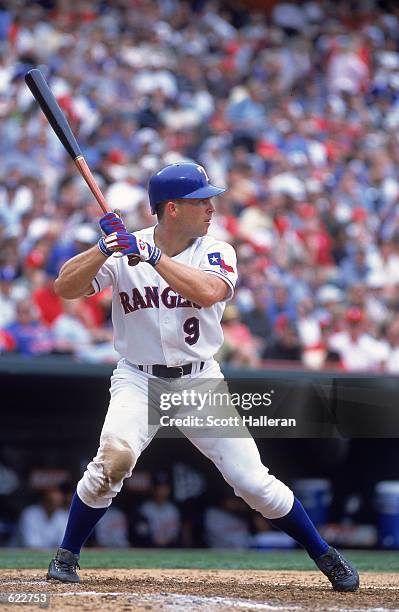 Chad Curtis of the Texas Rangers at bat during the game against the Anaheim Angels at The Ballpark in Arlington, Texas. The Rangers defeated the...