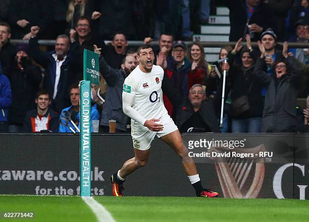 Jonny May of England celebrates scoring the first try during the Old Mutual Wealth Series match between England and South Africa at Twickenham...