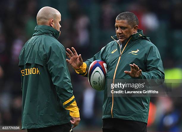 Allister Coetzee the head coach of South Africa is in discussion prior to the Old Mutual Wealth Series match between England and South Africa at...