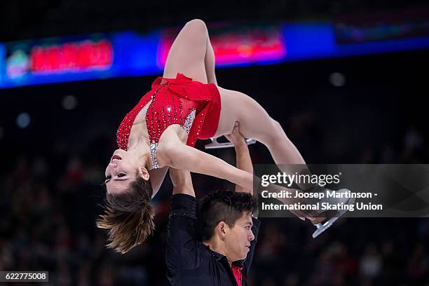 Marissa Castelli and Mervin Tran of the United States compete during Pairs Free Skating on day two of the Trophee de France ISU Grand Prix of Figure...