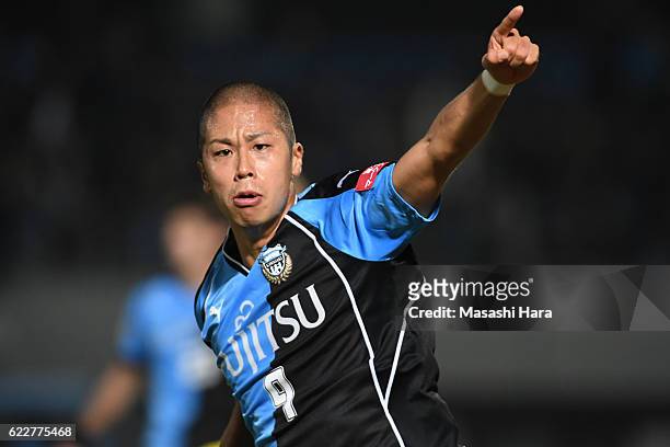 Takayuki Morimoto of Kawasaki Frontale celebrates the second goal during the 96th Emperor's Cup fourth round match between Kawasaki Frontale and...