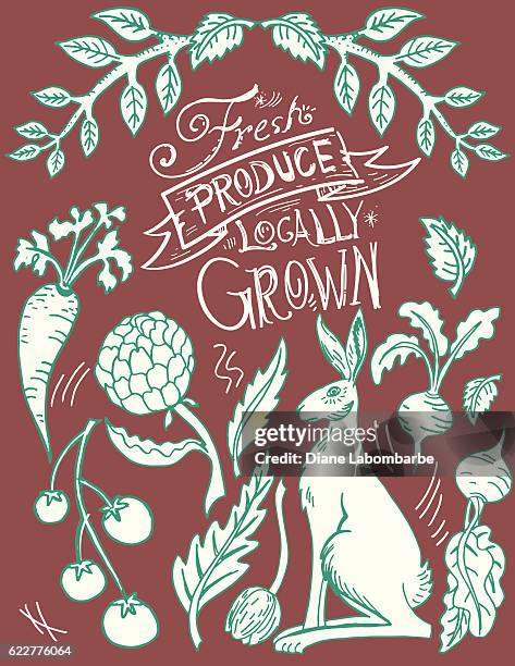 illustrations, cliparts, dessins animés et icônes de impression linobloque de lapin et de légumes - tomate ancienne