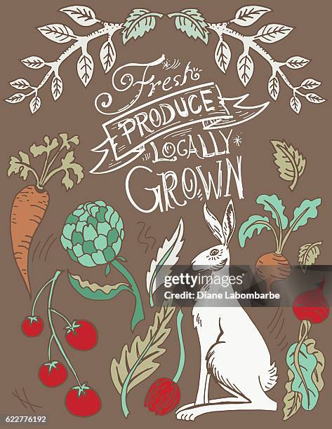 linoblock print of rabbit and vegetables - rubber leaf stock illustrations