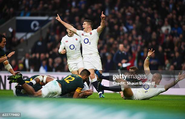 Courtney Lawes of England scores his team's second try during the Old Mutual Wealth Series match between England and South Africa at Twickenham...