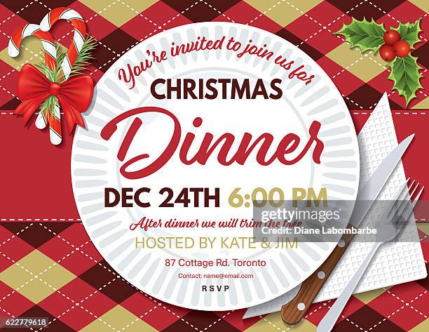argyle tablecloth christmas dinner invitation template - christmas table setting stock illustrations
