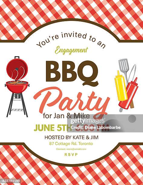 cute engagement bbq checkered tablecloths invitation template - white condiments stock illustrations