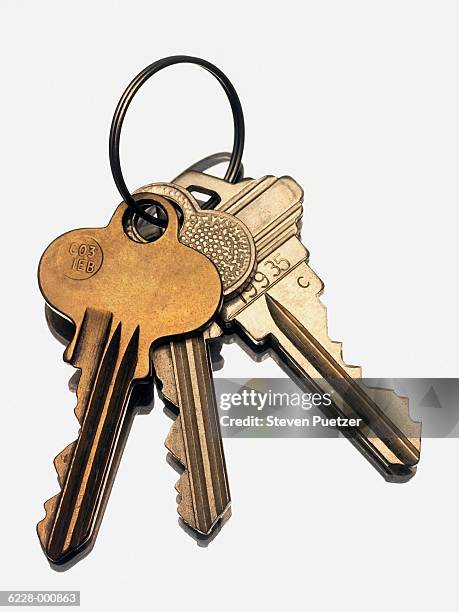 three keys on keyring - sleutel beveiligingsapparatuur stockfoto's en -beelden