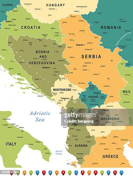 illustrazioni stock, clip art, cartoni animati e icone di tendenza di mappa della regione dei balcani centrali - kosovo