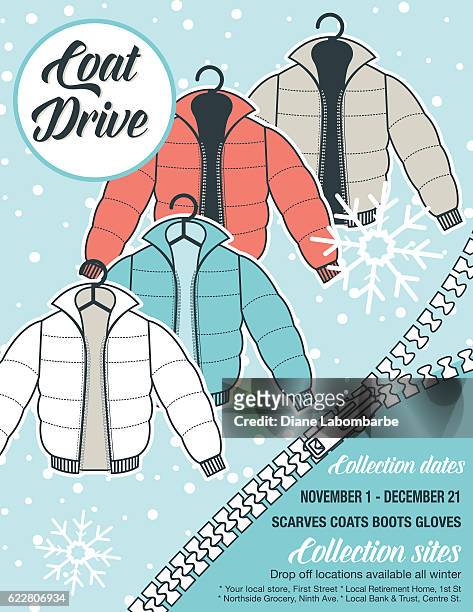 ilustraciones, imágenes clip art, dibujos animados e iconos de stock de abrigo de invierno en automóvil de caridad poster template. - abrigo