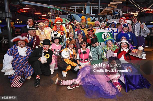 Professional clowns pose as Macy's prepares for the 90th Macy's Thanksgiving Day Parade at Clown U. At Bowlmor Chelsea Piers on November 12, 2016 in...