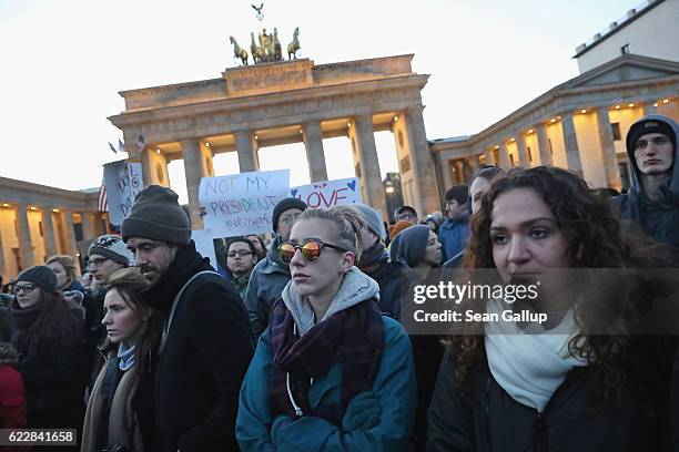 Protesters critical of the recent election of Donald Trump as U.S. President gather for a demonstration near the Brandenburg Gate on November 12,...