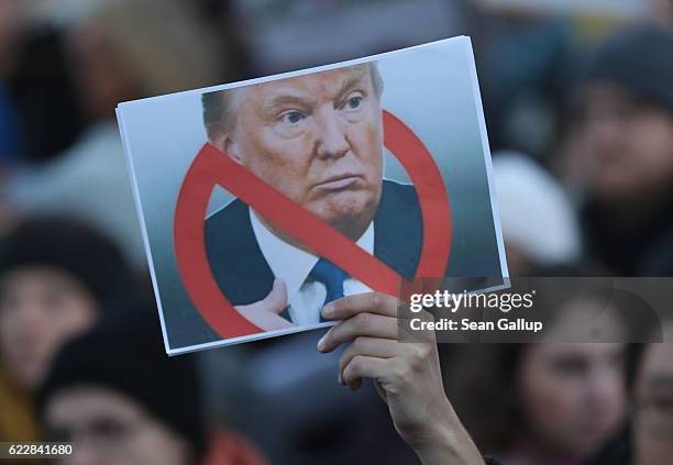 Protesters critical of the recent election of Donald Trump as U.S. President gather for a demonstration near the Brandenburg Gate on November 12,...