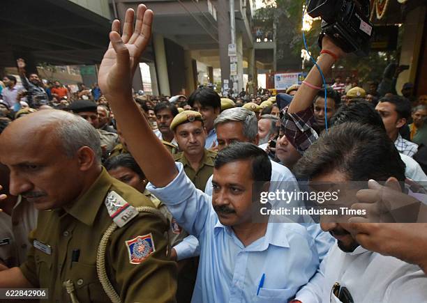 Delhi Chief Minister Arvind Kejriwal visits Lakshmi Nagar market to meet shopkeepers, on November 12, 2016 in New Delhi, India. Kejriwal kicked off a...