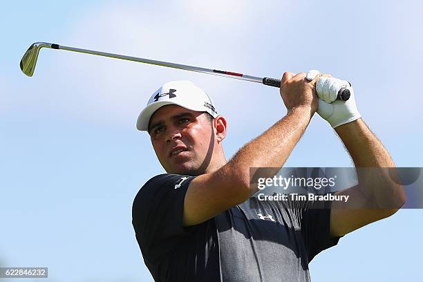 Gary Woodland of the United States plays his shot from the sixth tee during the third round of the OHL Classic at Mayakoba on November 12, 2016 in...