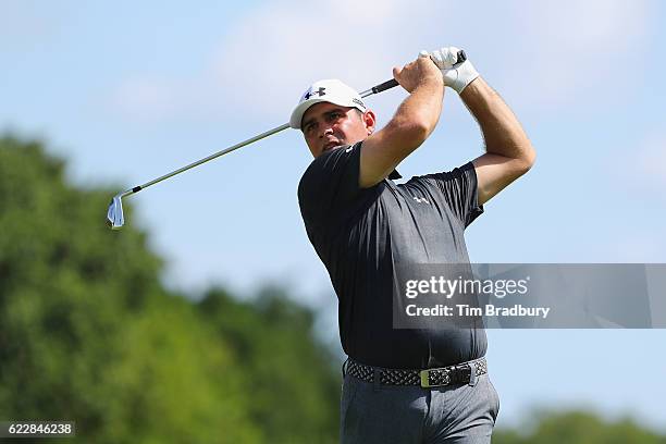 Gary Woodland of the United States plays his shot from the sixth tee during the third round of the OHL Classic at Mayakoba on November 12, 2016 in...