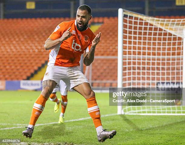 Blackpool's Kyle Vassell celebrates after scoring his sides fourth goal during the Sky Bet League Two match between Blackpool and Notts County at...