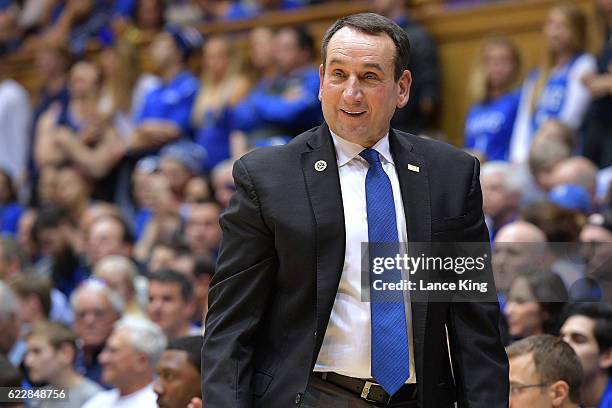 Head coach Mike Krzyzewski of the Duke Blue Devils reacts during their game against the Marist Red Foxes at Cameron Indoor Stadium on November 11,...