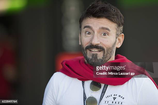 Max Biaggi of Italy smiles in pit during the MotoGP of Valencia - Qualifying at Ricardo Tormo Circuit on November 12, 2016 in Valencia, Spain.