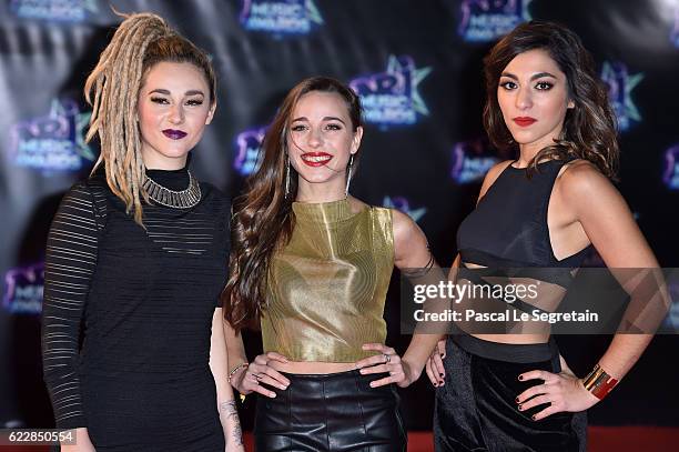 Members of band L.E.J Juliette Saumagne,Elisa Paris and Lucie Lebrun attend the 18th NRJ Music Awards at Palais des Festivals on November 12, 2016 in...