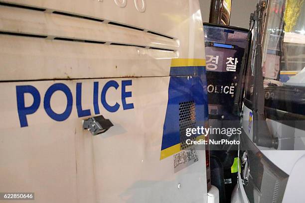 Riot police blocked entrance of blue house during a anti-President protest near President Blue House in Seoul, South Korea, on 12 November 2016....