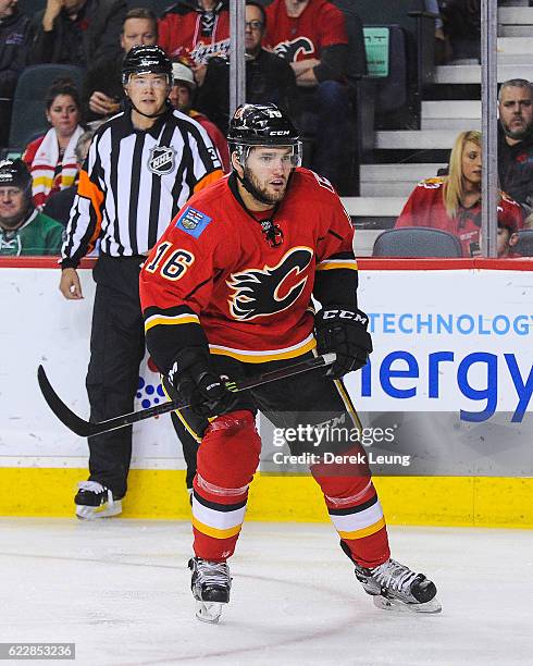 Linden Vey of the Calgary Flames in action against the Dallas Stars during an NHL game at Scotiabank Saddledome on November 10, 2016 in Calgary,...