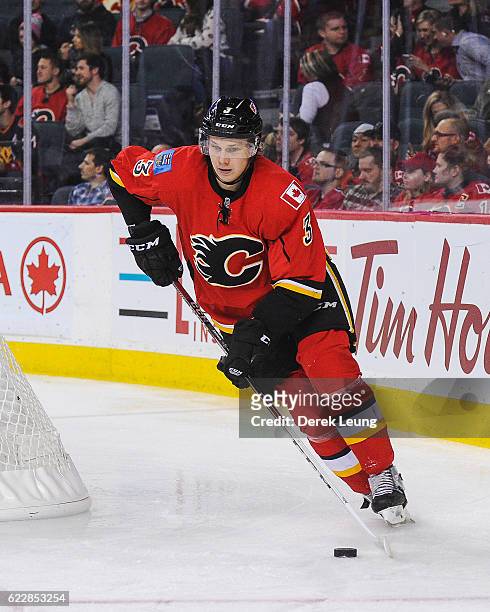Jyrki Jokipakka of the Calgary Flames in action against the Dallas Stars during an NHL game at Scotiabank Saddledome on November 10, 2016 in Calgary,...