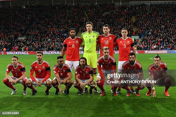 Wales team, Wales's defender Ashley Williams, Wales's goalkeeper Wayne Hennessey, Wales's striker Sam Vokes and Wales's defender James Chester,...