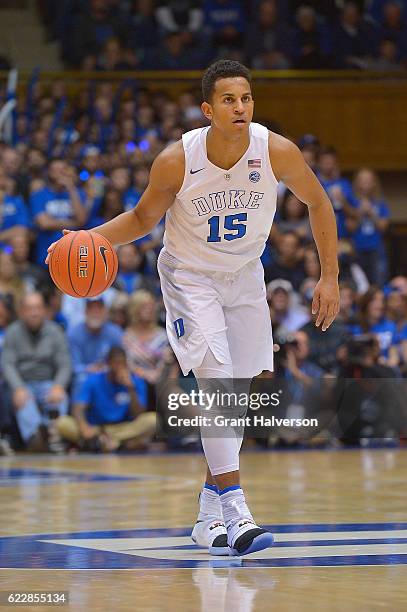 Frank Jackson of the Duke Blue Devils moves the ball against the Marist Red Foxes during the game at Cameron Indoor Stadium on November 11, 2016 in...