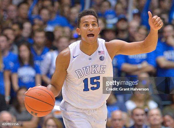 Frank Jackson of the Duke Blue Devils moves the ball against the Marist Red Foxes during the game at Cameron Indoor Stadium on November 11, 2016 in...