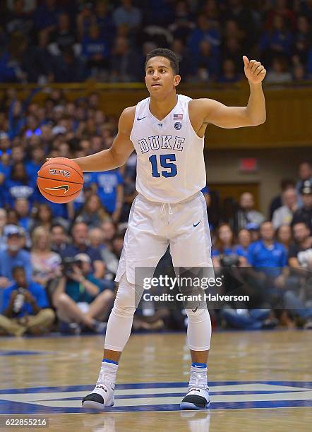 Frank Jackson of the Duke Blue Devils moves the ball against the Marist Red Foxes during the game at Cameron Indoor Stadium on November 11, 2016 in...