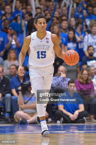 Frank Jackson of the Duke Blue Devils moves the ball against the Marist Red Foxes during the game at Cameron Indoor Stadium on November 11, 2016 in...