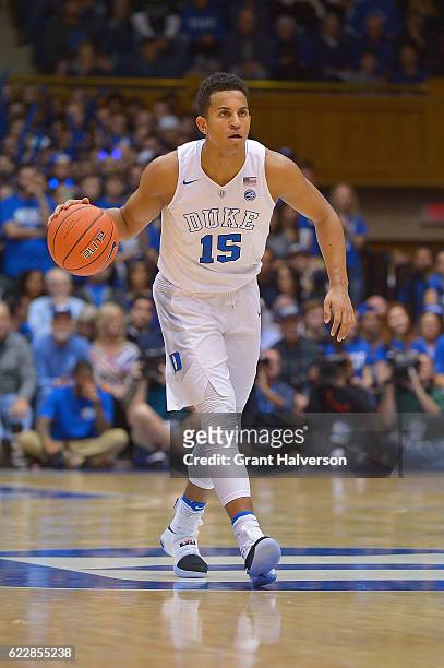 Frank Jackson of the Duke Blue Devils moves the ball against the Marist Red Foxes during the game at Cameron Indoor Stadium on November 11, 2016 in...
