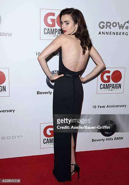 Actress Lily Collins arrives at the 10th Annual GO Campaign Gala at Manuela on November 5, 2016 in Los Angeles, California.