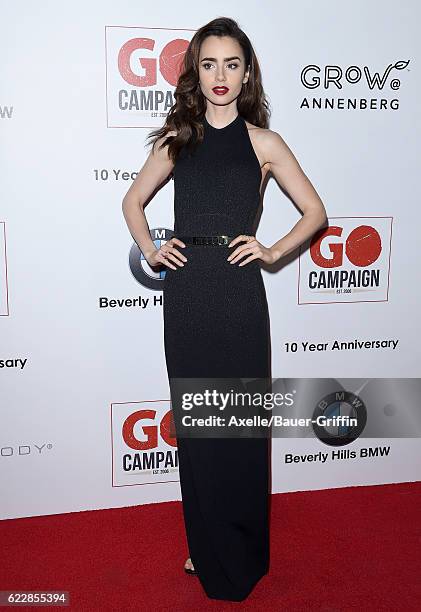 Actress Lily Collins arrives at the 10th Annual GO Campaign Gala at Manuela on November 5, 2016 in Los Angeles, California.