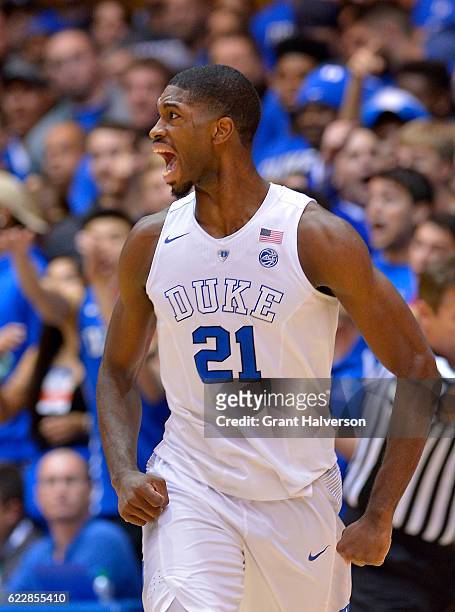 Amile Jefferson of the Duke Blue Devils reacts after forcing a turnover by the Marist Red Foxes during the game at Cameron Indoor Stadium on November...