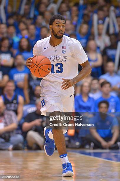 Matt Jones of the Duke Blue Devils moves the ball against the Marist Red Foxes during the game at Cameron Indoor Stadium on November 11, 2016 in...