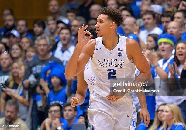 Chase Jeter of the Duke Blue Devils signals after a made three-point basket against the Marist Red Foxes during the game at Cameron Indoor Stadium on...