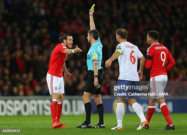 Gareth Bale of Wales shouts as Referee Alberto Undiano Mallenco shows a yellow card during the FIFA 2018 World Cup Qualifier between Wales and Serbia...