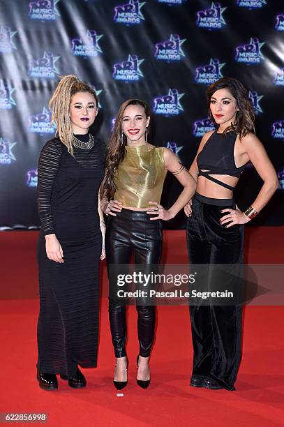 Members of band L.E.J Juliette Saumagne,Elisa Paris and Lucie Lebrun attend the 18th NRJ Music Awards at Palais des Festivals on November 12, 2016 in...